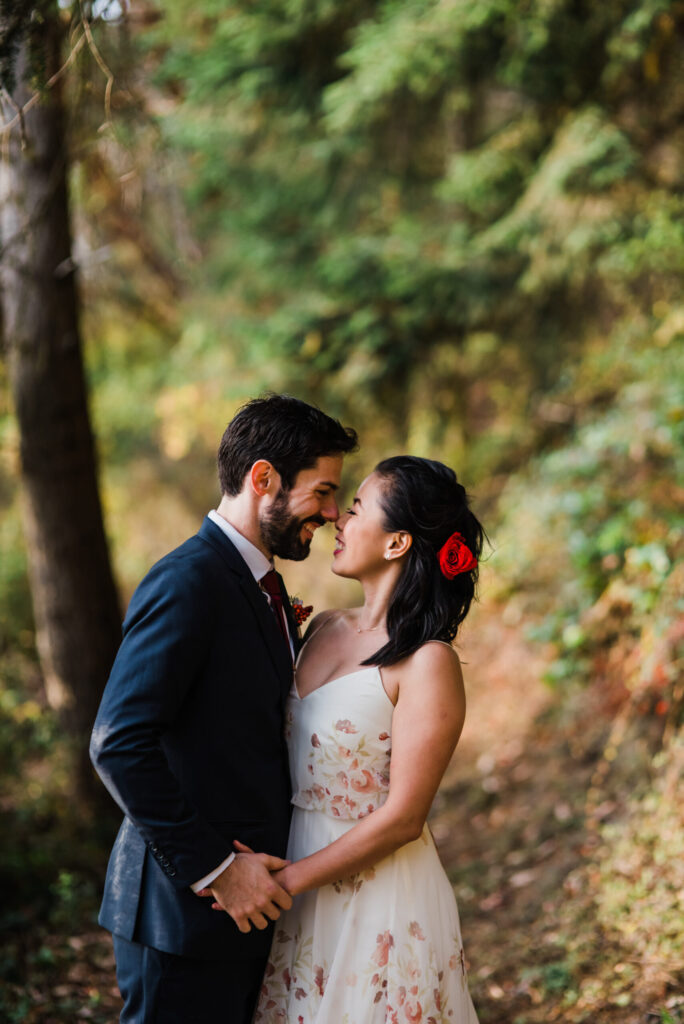 Wedding Couple Hiking in Forest Trails